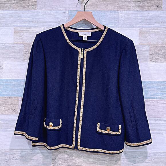 ST JOHN Tweed Lady Jacket Blue Gold Studded Trim Full Zip Wool Blend Womens 10 - Picture 1 of 9